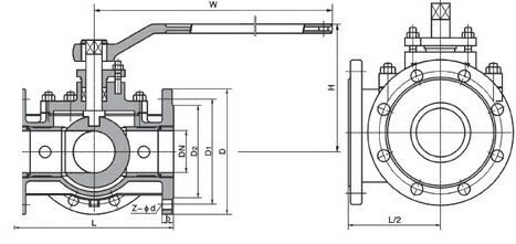 Q44F/Q45F三通球閥結(jié)構(gòu)圖 Q44F法蘭三通球閥(圖1)